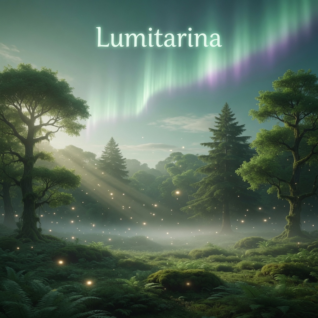 Vihreä metsämaisema, sumua ja valonsäteitä, puiden ympärillä hehkuvia pisteitä sekä “Lumitarina”-teksti.