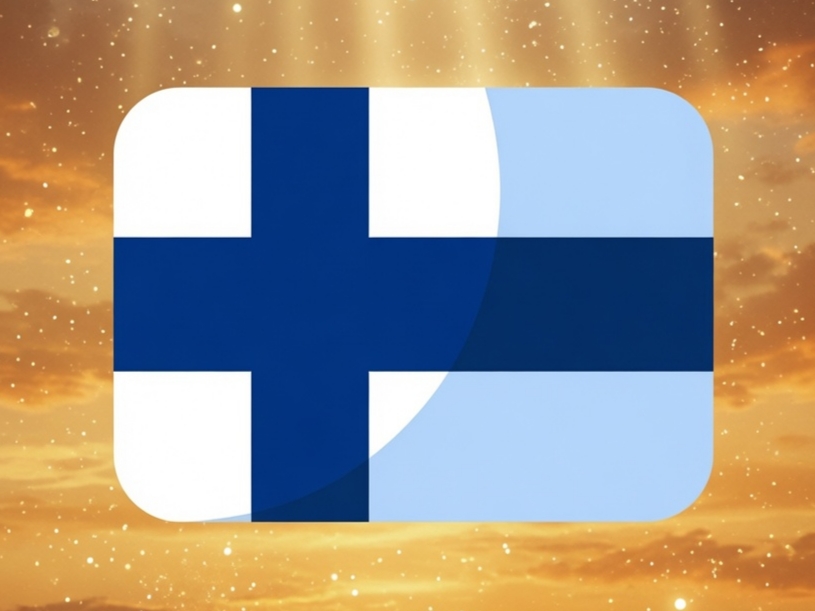 Sinivalkoinen Suomen lippu -kuvake, valkoinen risti sinisellä taustalla, kultaisessa hehkuvassa taustassa.